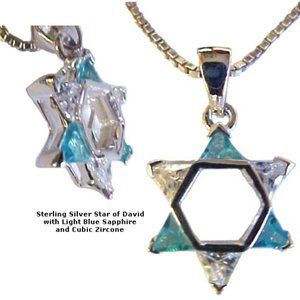 Star of David with Pale Light Blue Sapphire & Cubic Zircons Necklace